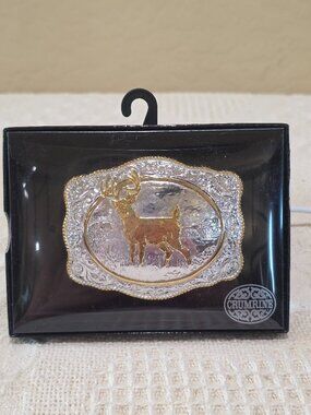 Vintage Crumrine NIB Western Whitetail Deer Silver Gold Rectangle Belt Buckle